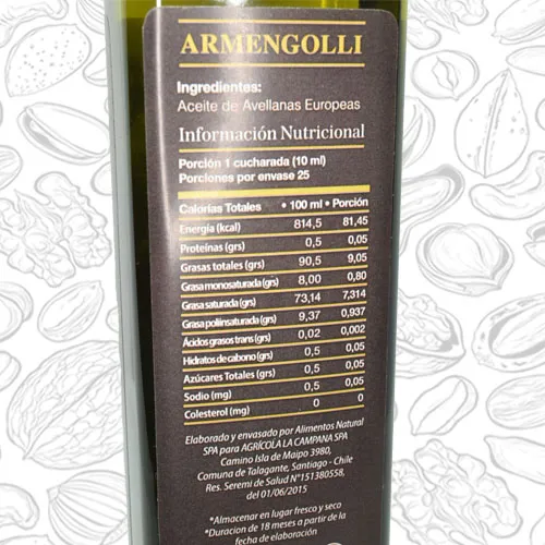 Datos nutricionales del Aceite de Avellana Europea